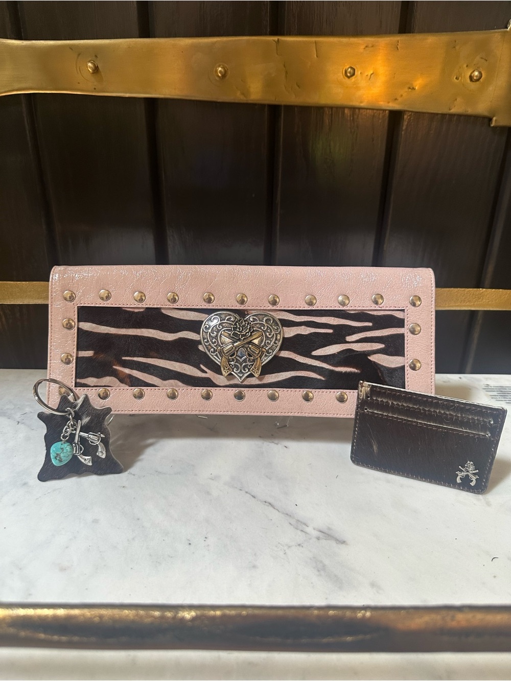 OOAK MUSSIO DeGROOT COWHIDE LEATHER Clutch Purse Wallet Keychain PINK Western